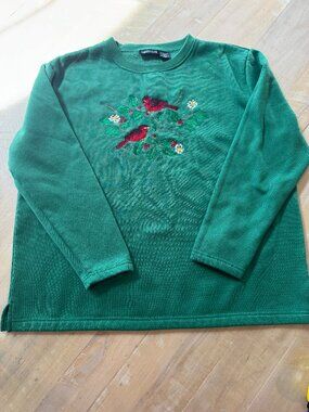 Vintage Ladies Club Cardinal Sweatshirt | Green Embroidered Christmas Sweater
